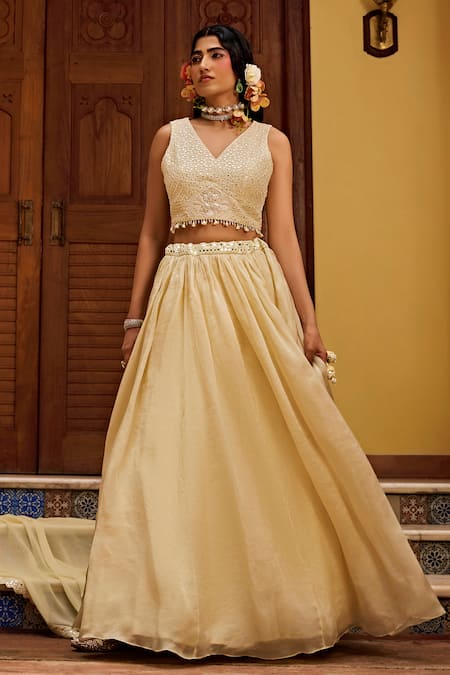 1999ad By Amita & Deepak_Yellow Organza Beads, Embroidery V-neck Abla Blouse Lehenga Set _Online_at_Aza_Fashions