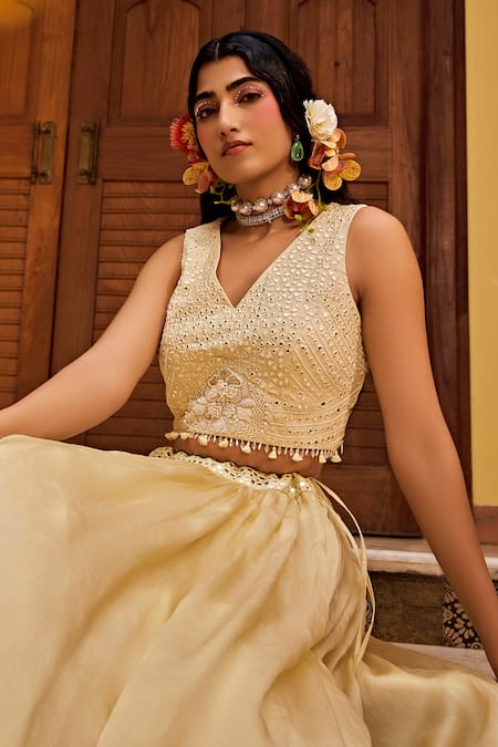 Buy_1999ad By Amita & Deepak_Yellow Organza Beads, Embroidery V-neck Abla Blouse Lehenga Set _Online_at_Aza_Fashions