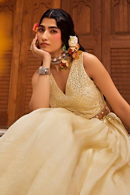 Shop_1999ad By Amita & Deepak_Yellow Organza Beads, Embroidery V-neck Abla Blouse Lehenga Set _Online_at_Aza_Fashions