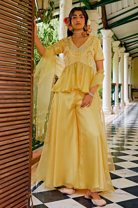 1999ad By Amita & Deepak Yellow Organza Cut Work, Embroidery, Zari V-neck Peplum Top Sharara Set