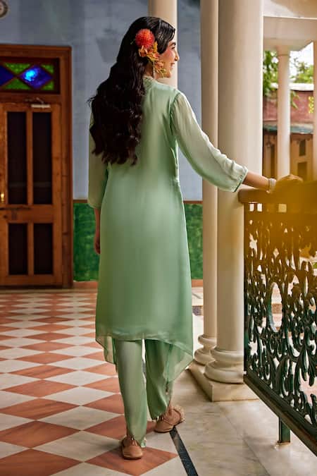 Shop 1999ad By Amita & Deepak Green Satin Pearls Round Neck Yoke Embroidered Kurta Dhoti Pant Set at Aza Fashions Shop_1999ad By Amita & Deepak_Green Satin Pearls Round Neck Yoke Embroidered Kurta Dhoti Pant Set _at_Aza_Fashions