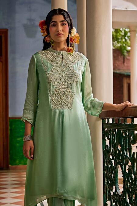 1999ad By Amita & Deepak Green Satin Pearls Round Neck Yoke Embroidered Kurta Dhoti Pant Set Online at Aza Fashions 1999ad By Amita & Deepak_Green Satin Pearls Round Neck Yoke Embroidered Kurta Dhoti Pant Set _Online_at_Aza_Fashions