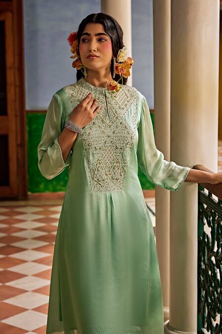 Buy 1999ad By Amita & Deepak Green Satin Pearls Round Neck Yoke Embroidered Kurta Dhoti Pant Set Online at Aza Fashions Buy_1999ad By Amita & Deepak_Green Satin Pearls Round Neck Yoke Embroidered Kurta Dhoti Pant Set _Online_at_Aza_Fashions