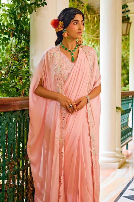 1999ad By Amita & Deepak_Pink Georgette Beads, Pearls, Embroidery Pre-stitched Saree Set With Cape _Online_at_Aza_Fashions