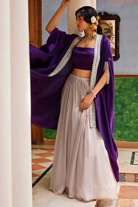 Shop_1999ad By Amita & Deepak_Pink Organza Beads, Zari Square Neck, Border Embroidered Jacket Lehenga Set _Online_at_Aza_Fashions