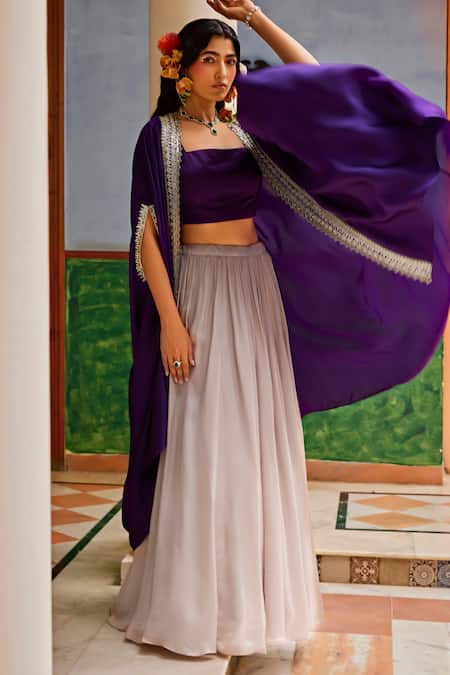 1999ad By Amita & Deepak_Pink Organza Beads, Zari Square Neck, Border Embroidered Jacket Lehenga Set _at_Aza_Fashions