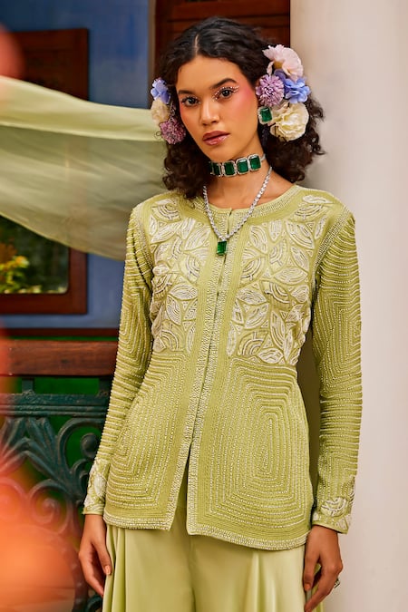Buy_1999ad By Amita & Deepak_Green Organza Pearls, Embroidery Round Neck Jacket Sharara Set _Online_at_Aza_Fashions