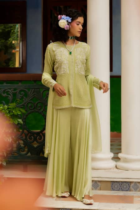 Shop_1999ad By Amita & Deepak_Green Organza Pearls, Embroidery Round Neck Jacket Sharara Set _Online_at_Aza_Fashions