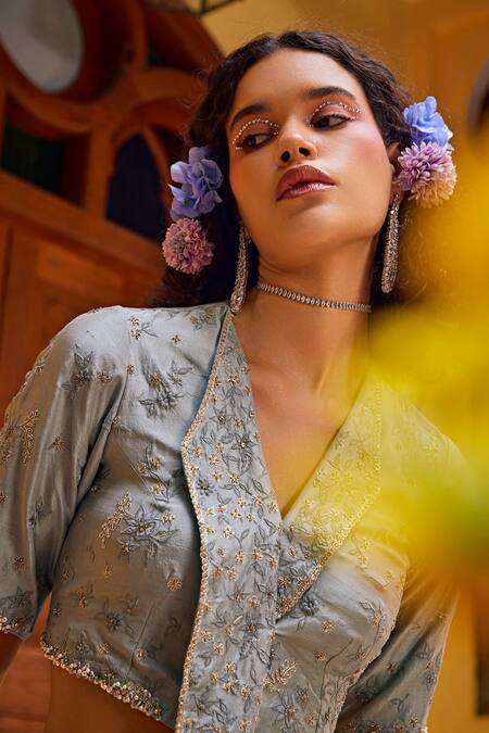 Shop_1999ad By Amita & Deepak_Grey Satin Sequins, Embroidery Collared Flora Garden Blouse With Draped Skirt _Online_at_Aza_Fashions