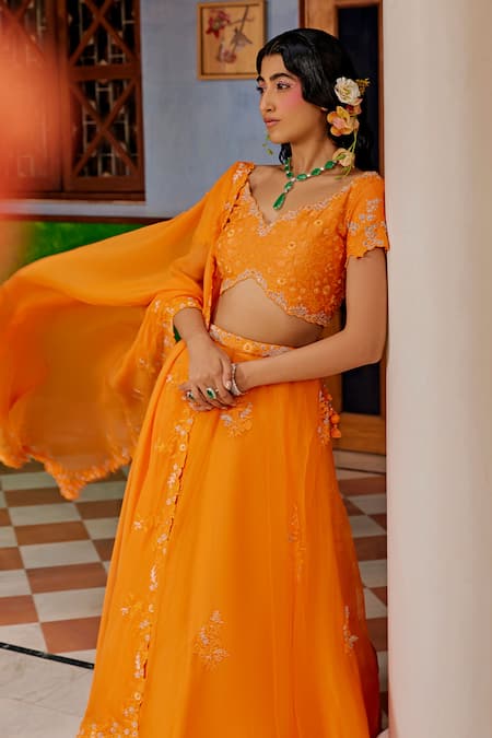 1999ad By Amita & Deepak_Orange Organza Sequins, Beads V-neck Lily Bloom Embroidered Lehenga Blouse Set _Online_at_Aza_Fashions