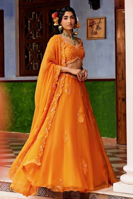 Buy_1999ad By Amita & Deepak_Orange Organza Sequins, Beads V-neck Lily Bloom Embroidered Lehenga Blouse Set _Online_at_Aza_Fashions