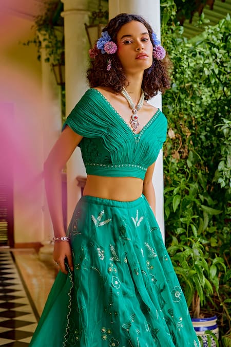 Embroidered Off-Shoulder Blouse with Printed Lehenga & Embroidered Net –  Limerick by Abirr n' Nanki
