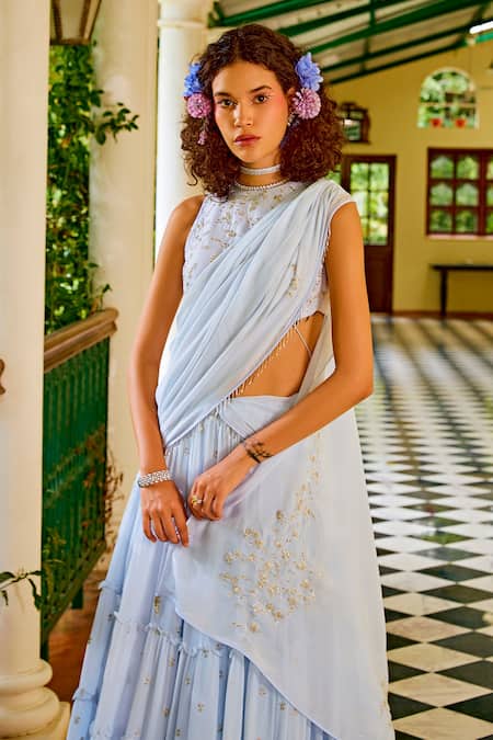 Shop_1999ad By Amita & Deepak_Blue Chiffon, Chanderi Sequins, Embroidery Boat Neck Bloom Lehenga Blouse Set 