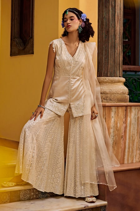 1999ad By Amita & Deepak_Off White Georgette, Organza Pearls, Mirrors, Embroidered Kurta Sharara Set _Online_at_Aza_Fashions