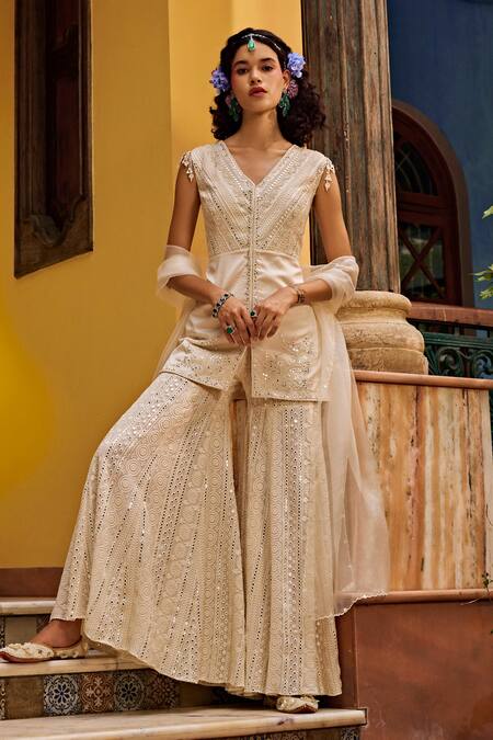 Shop_1999ad By Amita & Deepak_Off White Georgette, Organza Pearls, Mirrors, Embroidered Kurta Sharara Set _Online_at_Aza_Fashions
