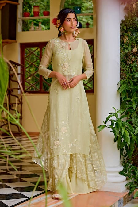 1999ad By Amita & Deepak_Yellow Georgette Embroidery, Sequins, Beads Pearl Bloom Kurta Sharara Set _at_Aza_Fashions