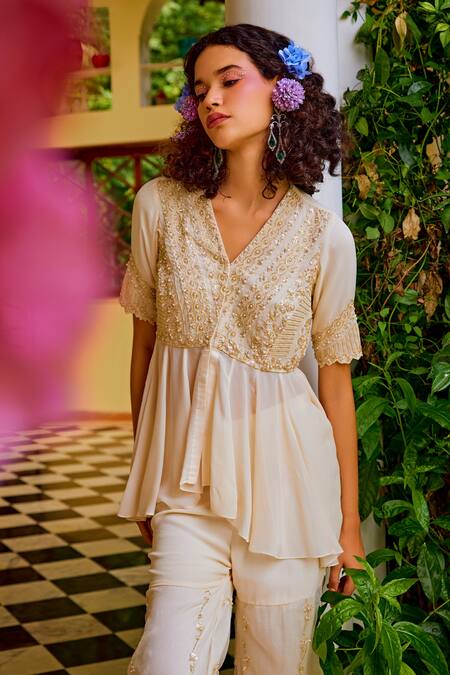 1999ad By Amita & Deepak_Beige Organza Pearls, Sequins, Cut Work Bloom Vine Emboidered Kurta Sharara Set _Online_at_Aza_Fashions