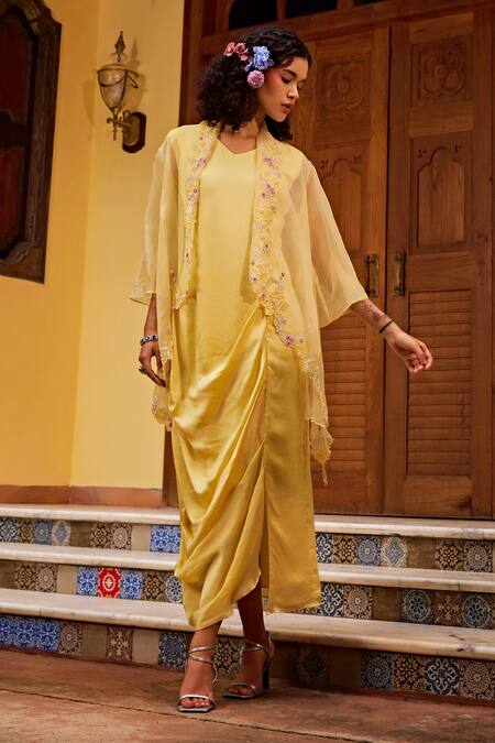 1999ad By Amita & Deepak_Yellow Organza Pearls, Embroidery Open Neck, Jacket With Cowl Draped Dress _Online_at_Aza_Fashions