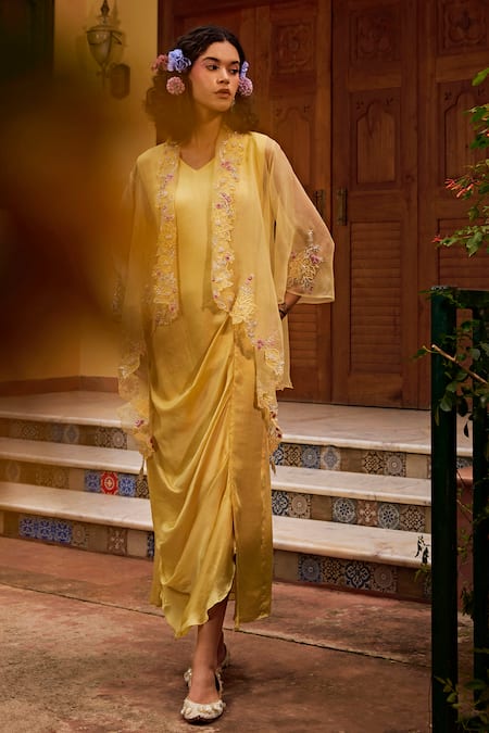 Buy_1999ad By Amita & Deepak_Yellow Organza Pearls, Embroidery Open Neck, Jacket With Cowl Draped Dress _Online_at_Aza_Fashions