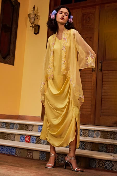 Shop_1999ad By Amita & Deepak_Yellow Organza Pearls, Embroidery Open Neck, Jacket With Cowl Draped Dress _Online_at_Aza_Fashions