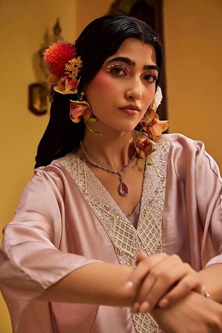 1999ad By Amita & Deepak_Pink Satin Pearls, Embroidery V-neck Placket Kurta With Draped Skirt _Online_at_Aza_Fashions