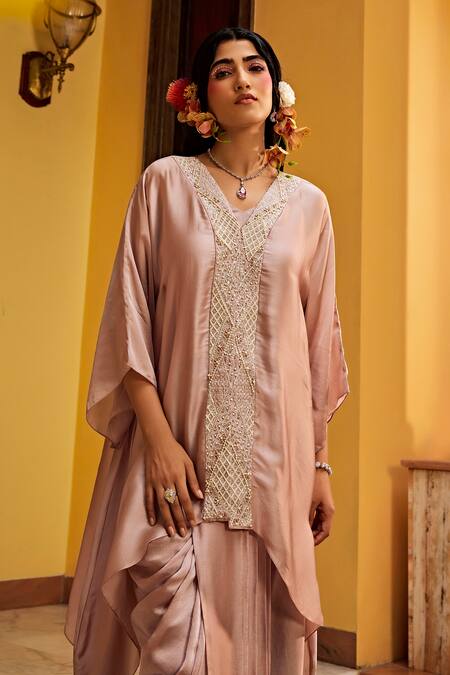 Shop_1999ad By Amita & Deepak_Pink Satin Pearls, Embroidery V-neck Placket Kurta With Draped Skirt _Online_at_Aza_Fashions