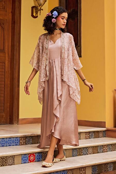 1999ad By Amita & Deepak_Pink Satin Pearls, Embroidery Shawl Neck, Sweetheart Flowery Jacket With Dress _Online_at_Aza_Fashions