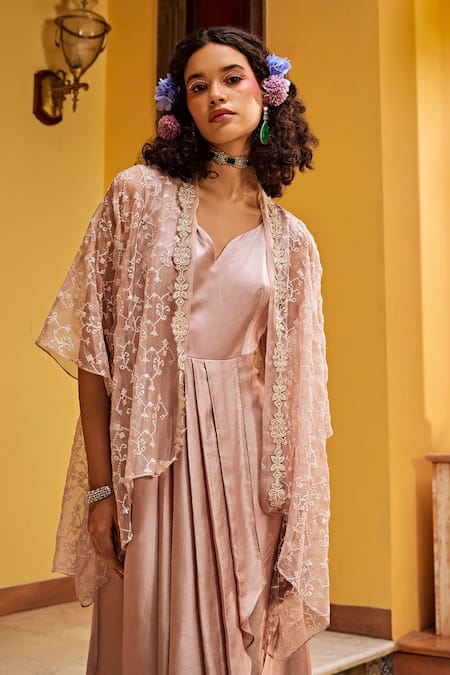 Shop_1999ad By Amita & Deepak_Pink Satin Pearls, Embroidery Shawl Neck, Sweetheart Flowery Jacket With Dress _Online_at_Aza_Fashions