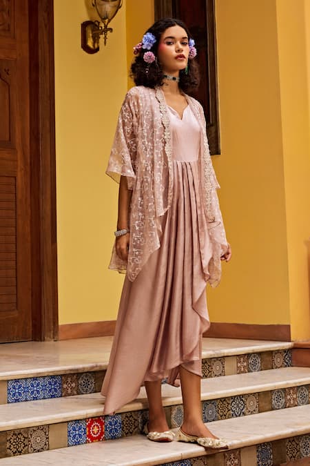 1999ad By Amita & Deepak_Pink Satin Pearls, Embroidery Shawl Neck, Sweetheart Flowery Jacket With Dress _at_Aza_Fashions