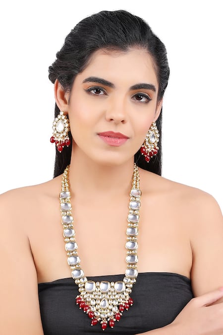Aakarsha By Ajay_Red Pearls, Stones, Gota Patti Two Finish Kundan And Embellished Necklace Set_Online_at_Aza_Fashions