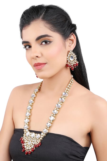 Buy_Aakarsha By Ajay_Red Pearls, Stones, Gota Patti Two Finish Kundan And Embellished Necklace Set_Online_at_Aza_Fashions