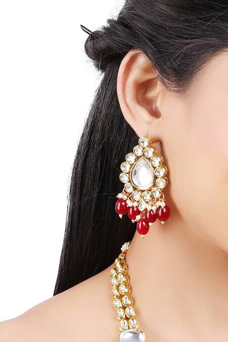 Shop_Aakarsha By Ajay_Red Pearls, Stones, Gota Patti Two Finish Kundan And Embellished Necklace Set_Online_at_Aza_Fashions