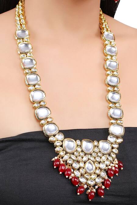 Aakarsha By Ajay_Red Pearls, Stones, Gota Patti Two Finish Kundan And Embellished Necklace Set_at_Aza_Fashions