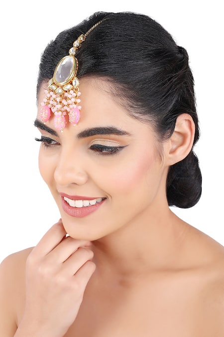 Aakarsha By Ajay_Pink Kundan And Meenakari Work Maangtikka_Online_at_Aza_Fashions