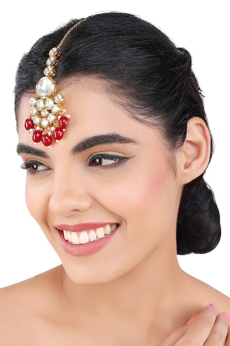 Aakarsha By Ajay_Red Kundan And Agate Embellished Maangtikka_Online_at_Aza_Fashions