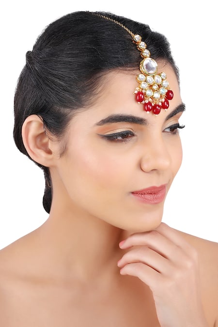 Buy_Aakarsha By Ajay_Red Kundan And Agate Embellished Maangtikka_Online_at_Aza_Fashions