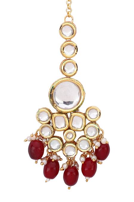 Shop_Aakarsha By Ajay_Red Kundan And Agate Embellished Maangtikka_Online_at_Aza_Fashions