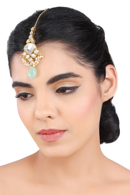 Buy_Aakarsha By Ajay_Green Kundan Work And Pearl Stone Embellished Maangtikka_Online_at_Aza_Fashions