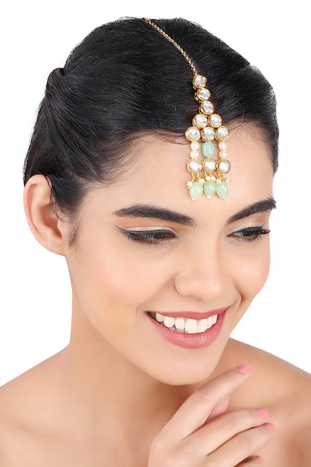 Aakarsha By Ajay Green Kundan And Pearl Hangings Maangtikka Online at Aza Fashions Aakarsha By Ajay_Green Kundan And Pearl Hangings Maangtikka_Online_at_Aza_Fashions