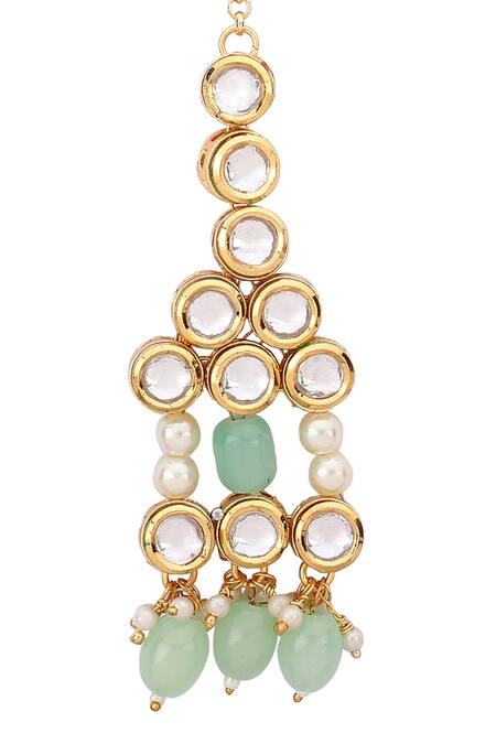 Shop Aakarsha By Ajay Green Kundan And Pearl Hangings Maangtikka Online at Aza Fashions Shop_Aakarsha By Ajay_Green Kundan And Pearl Hangings Maangtikka_Online_at_Aza_Fashions