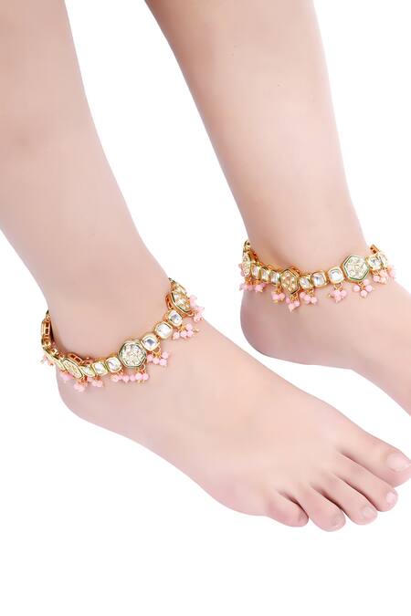 Shop_Aakarsha By Ajay_Pink Pearls, Beads Kundan And Embellished Pair Of Anklets_Online_at_Aza_Fashions