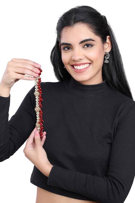 Buy_Aakarsha By Ajay_Red Pearls, Rhinestones Kundan And Polki Embellished Pair Of Anklets_Online_at_Aza_Fashions