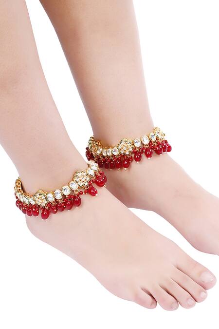 Shop_Aakarsha By Ajay_Red Pearls, Rhinestones Kundan And Polki Embellished Pair Of Anklets_Online_at_Aza_Fashions