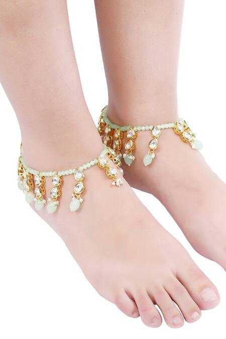 Shop_Aakarsha By Ajay_Green Pearls, Beads Kundan Stone And Embellished Pair Of Anklets_Online_at_Aza_Fashions