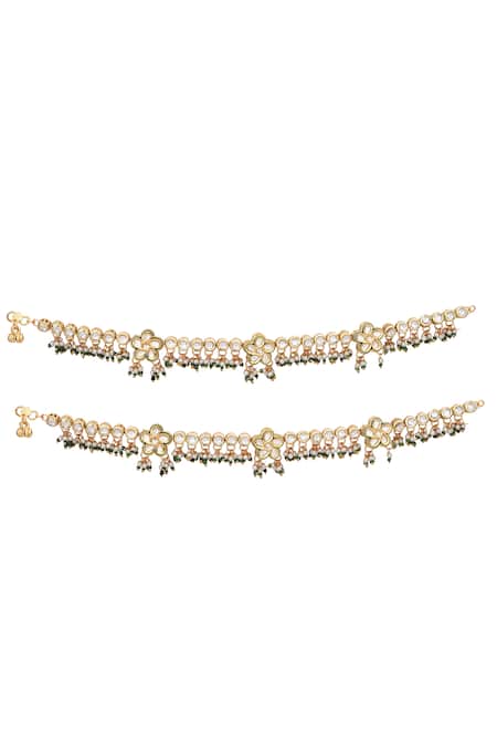 Aakarsha By Ajay_Green Beads Floral Kundan Embellished Pair Of Anklets_Online_at_Aza_Fashions