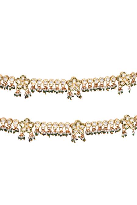 Buy_Aakarsha By Ajay_Green Beads Floral Kundan Embellished Pair Of Anklets_Online_at_Aza_Fashions