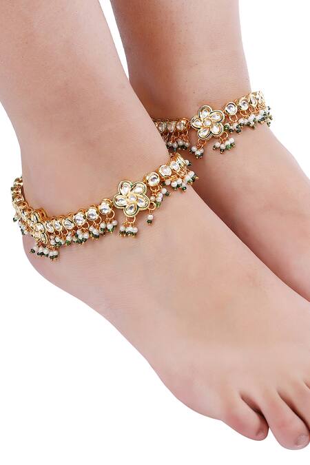 Shop_Aakarsha By Ajay_Green Beads Floral Kundan Embellished Pair Of Anklets_Online_at_Aza_Fashions