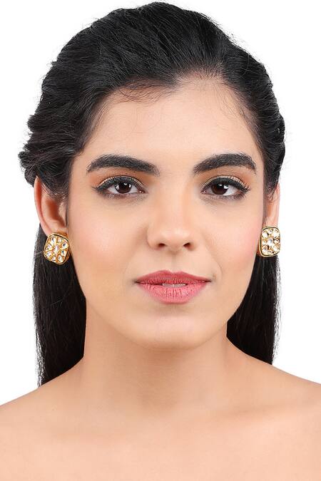 Aakarsha By Ajay_Gold Plated Diamonds, Stones Kundan Embellished Square Shaped Earrings_Online_at_Aza_Fashions