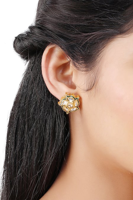 Buy_Aakarsha By Ajay_Gold Plated Diamonds, Stones Kundan Embellished Floral Stud Earrings_Online_at_Aza_Fashions