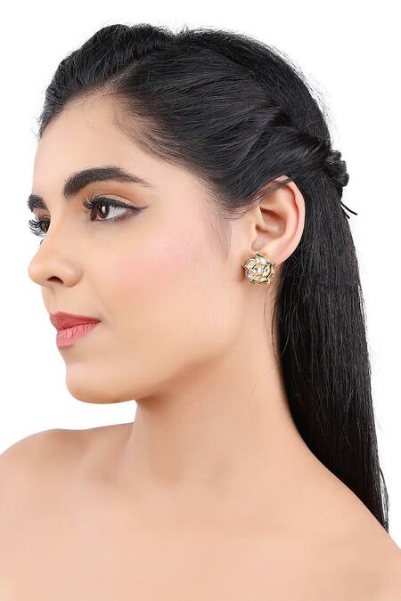 Shop_Aakarsha By Ajay_Gold Plated Diamonds, Stones Kundan Embellished Floral Stud Earrings_Online_at_Aza_Fashions